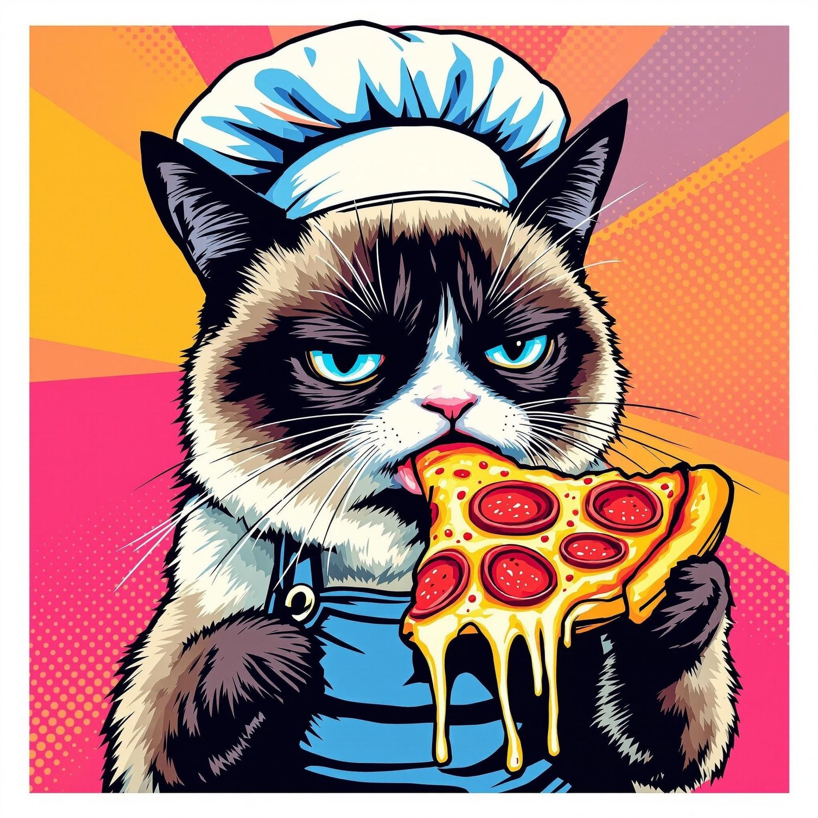 Grumpy Cat Chef Devouring Pizza in Pop Art Style