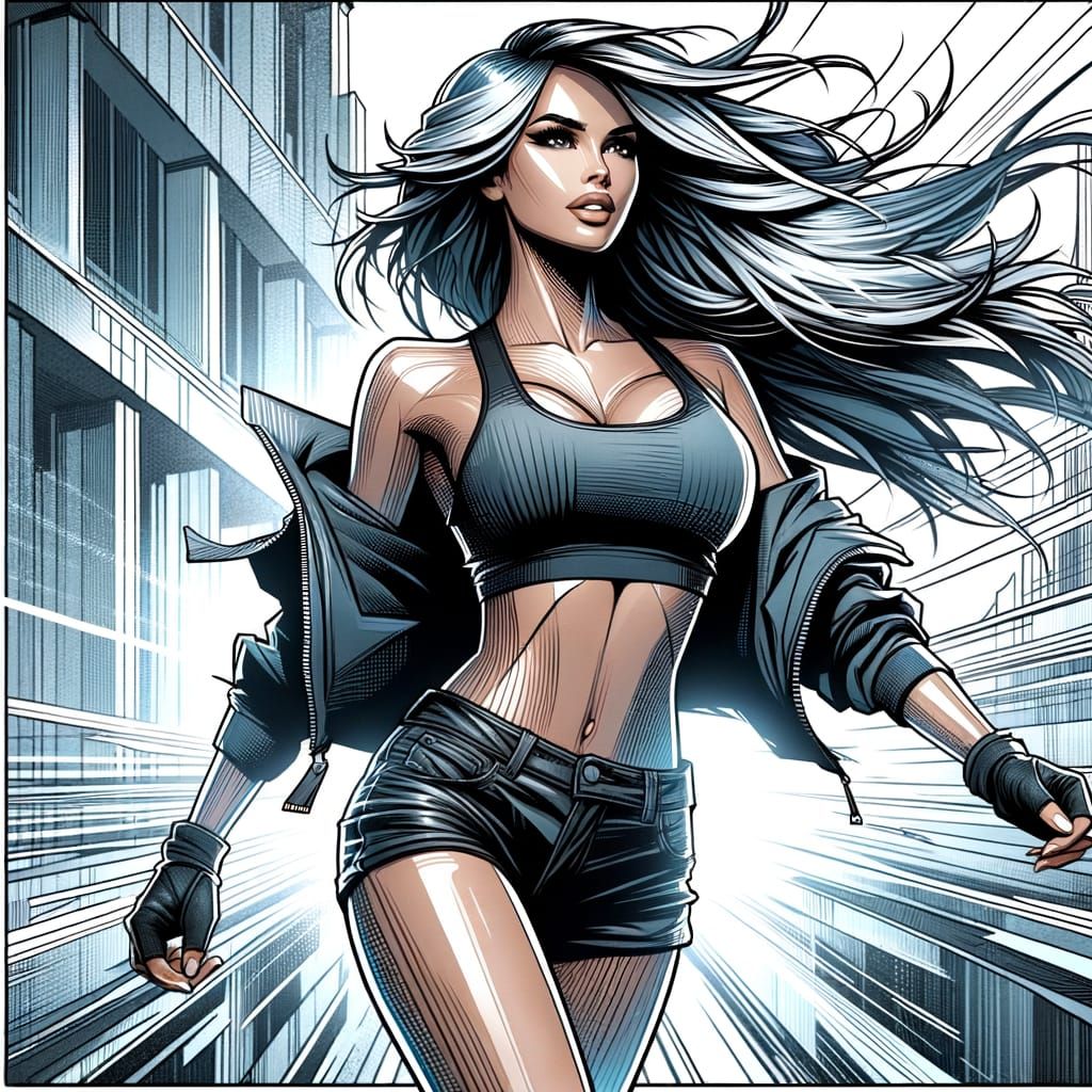 Dynamic 2D Cartoon of Athletic Woman in Cityscape