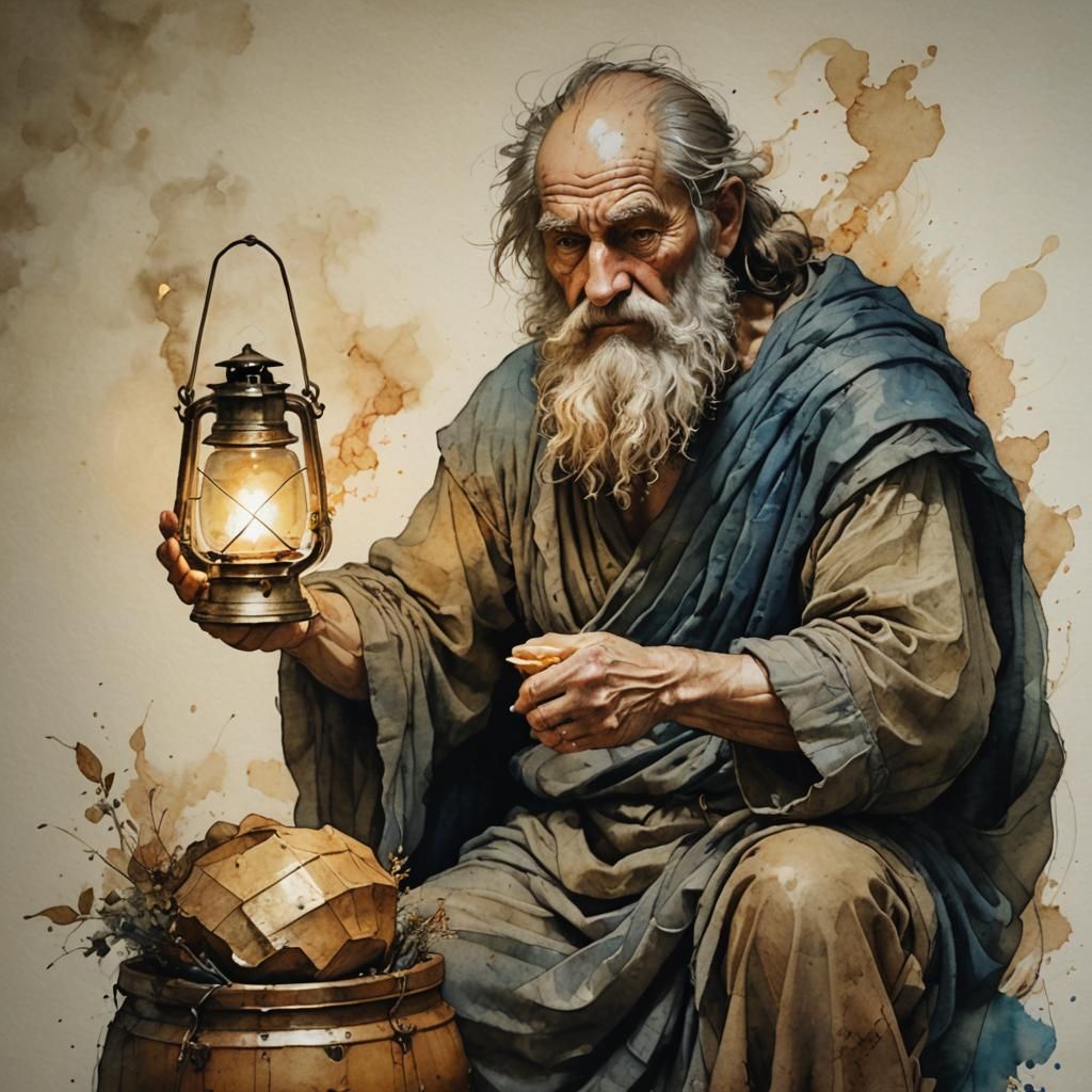 Diogenes of Sinope with Lantern: Chiaroscuro Watercolour