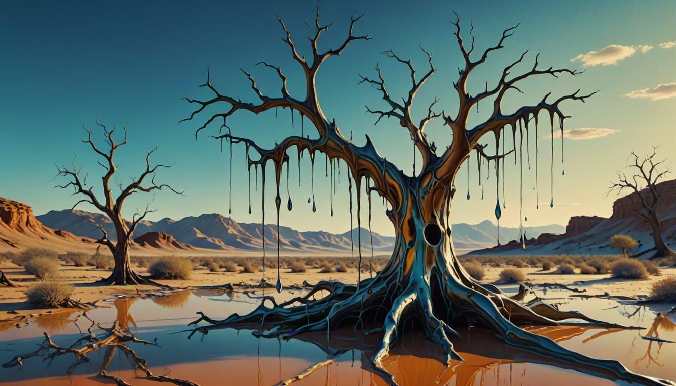 Surrealist Desert Tree with Melting Clock