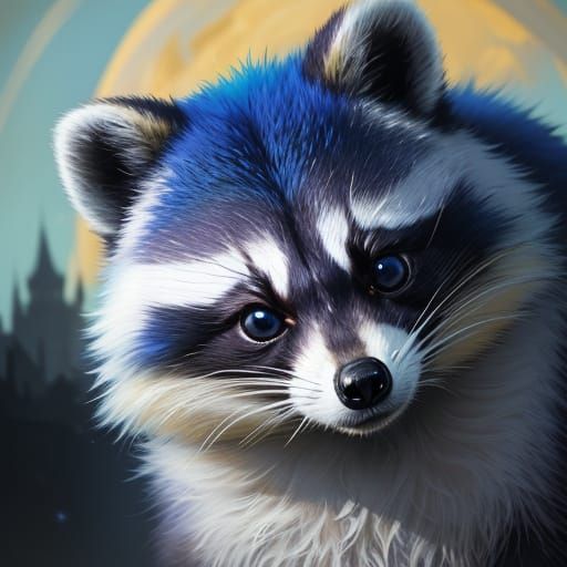 Whimsical Blue Baby Raccoon in Vibrant Oil Painting Style