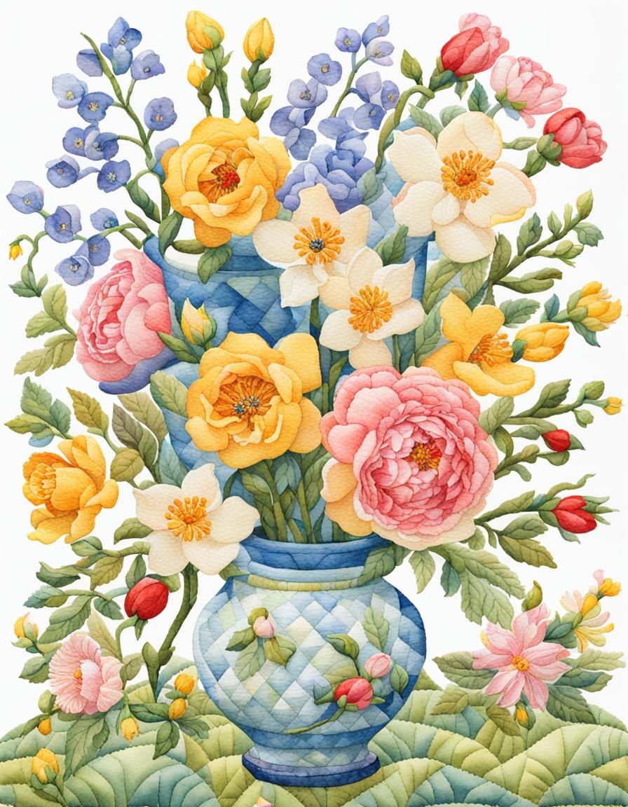 Floral Appliqué: Roses, Peony, and Larkspur Watercolor