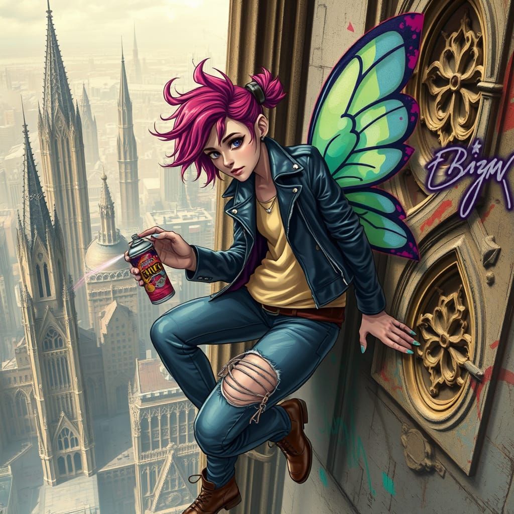 Fairy Graffiti Artist in Medieval Cyberpunk City