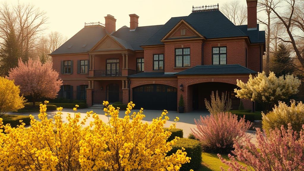 Grand Chateau in Golden Afternoon Light with Spring Garden