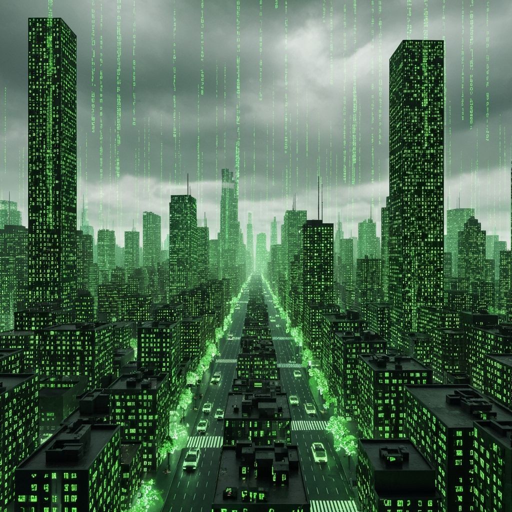 Dystopian Cityscape Made of Matrix Code
