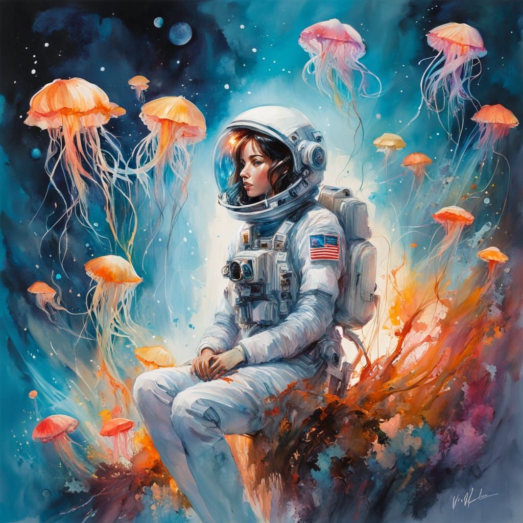 Astronaut Drifting in Bioluminescent Alien Ocean