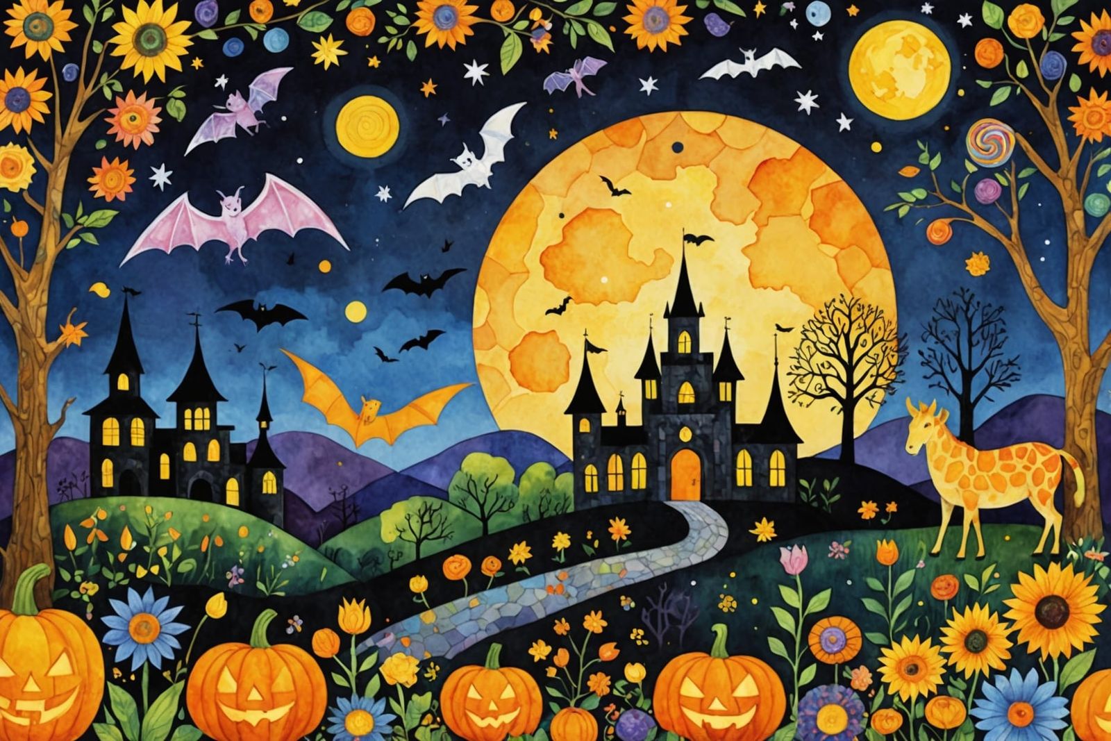 Halloween Creatures in Cubist Watercolor Style