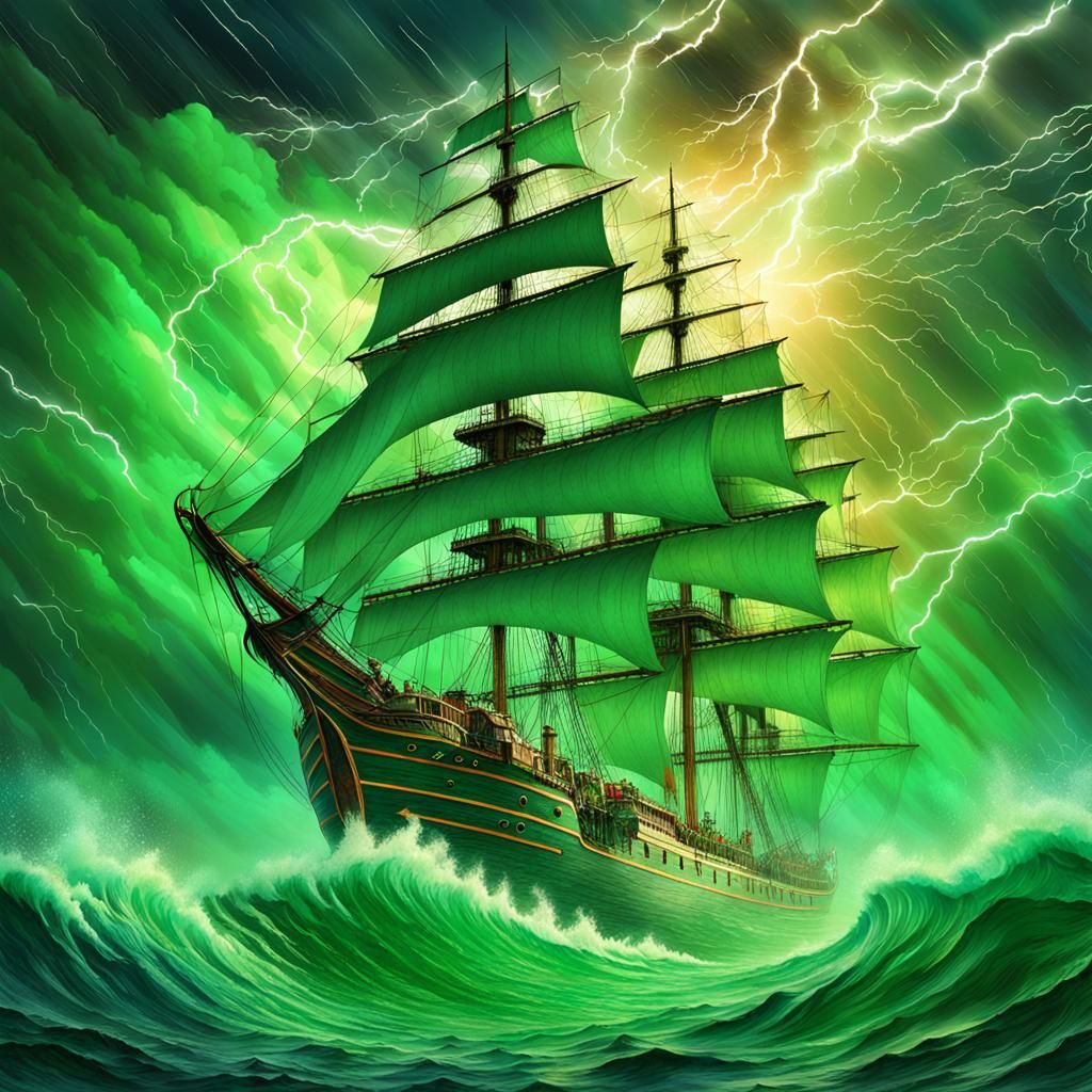 Green Lightning Storm Engulfs Old Sail Ship