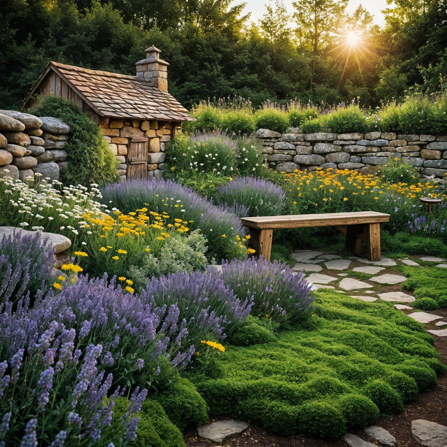 Apothecary Garden with Blooming Herbs: Hyperrealistic Scene