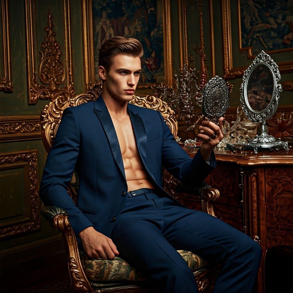 Chiseled Model Gazing Lovingly at His Reflection in Lavish B...