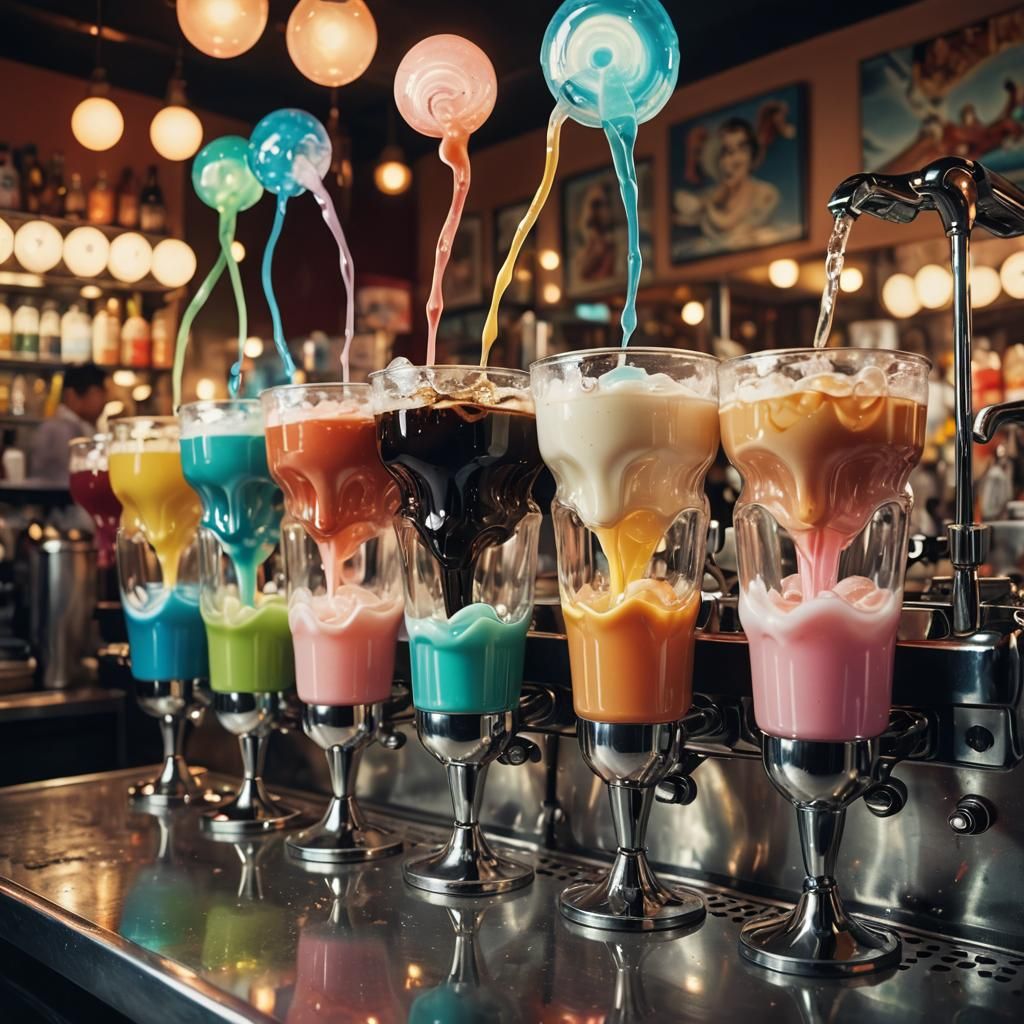 Surreal Soda Fountain with Bubbling Drinks