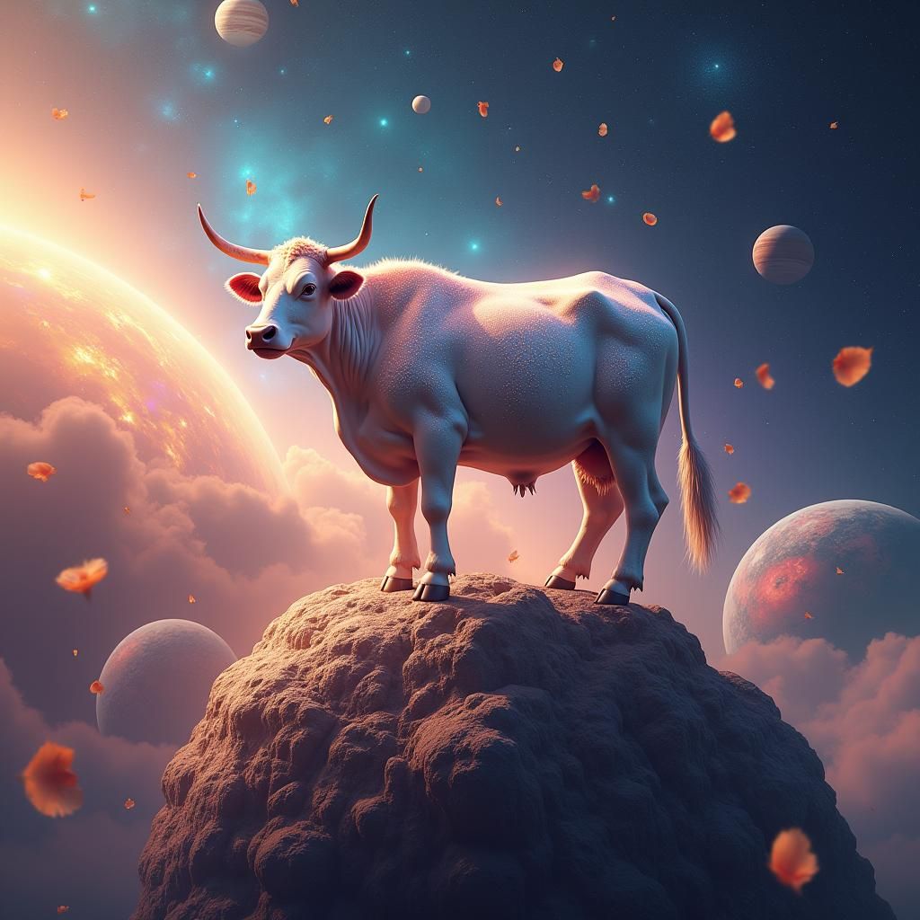 Cosmic Cow on Asteroid with Planets and Honey