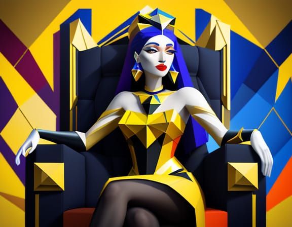 Cubist Seer on Throne - Art Deco Geometric Painting