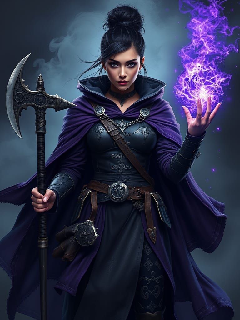 Gothic Warrior in Deep Plum Cloak Stands Tall in Dark, Misty...