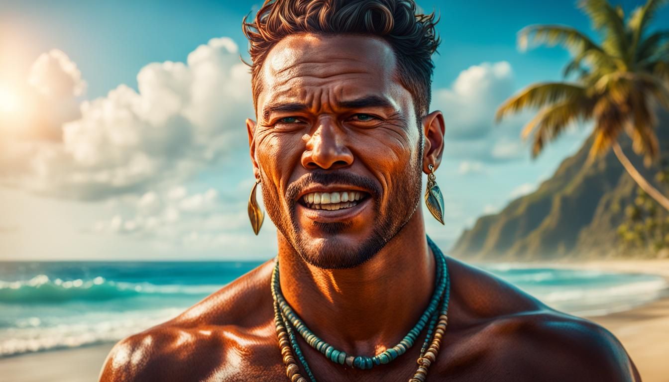 Islander Man with Shark Tooth Necklace on Beach