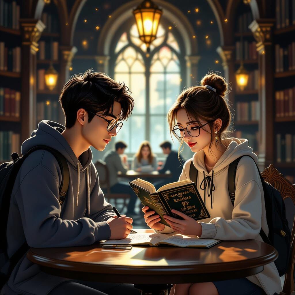 Shy Man Admires Girl in Gothic Library
