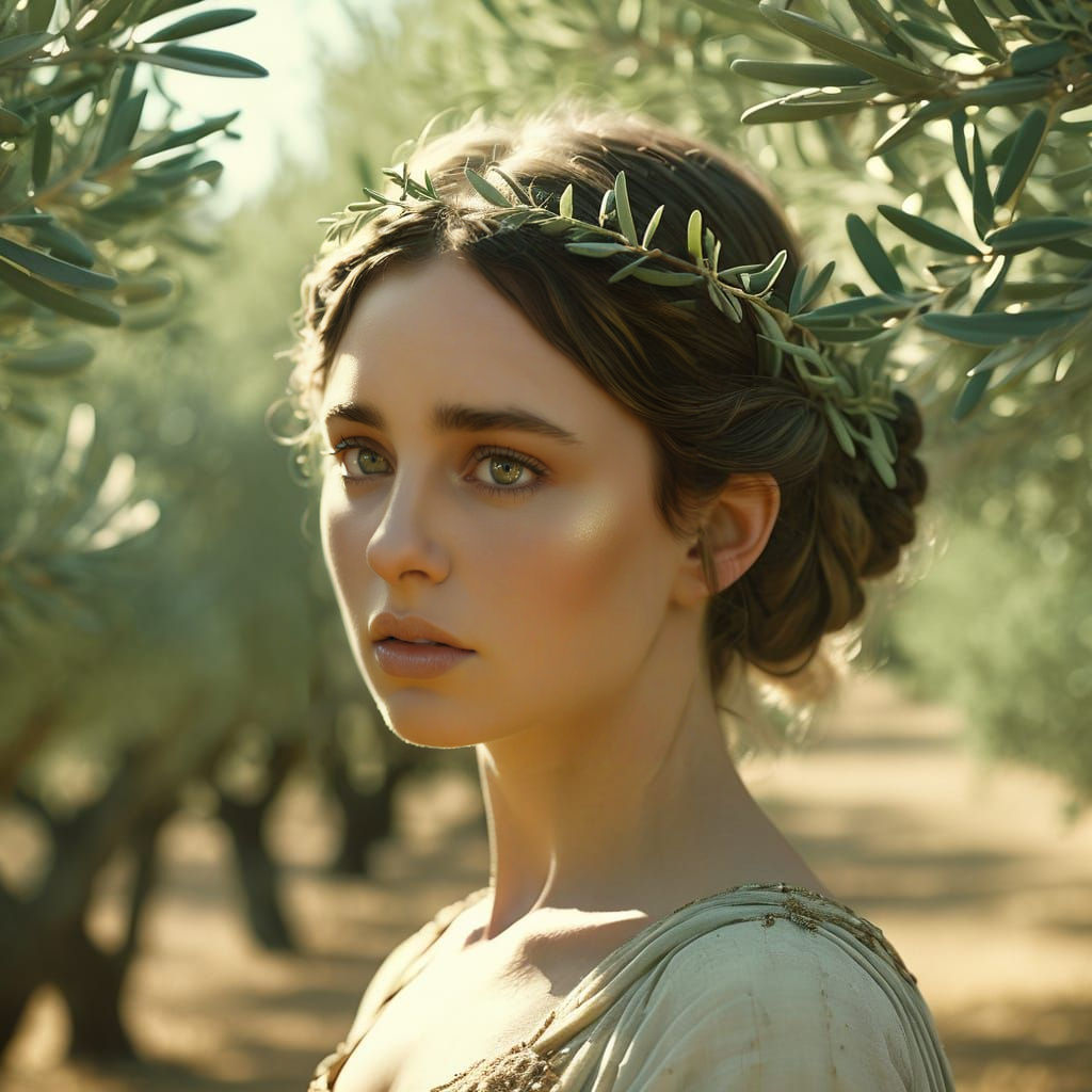 Mythical realism. Close up. Orseis Olivea, a mix of dryad and nymph, stands in a lush olive grove. Medium shot. Soft foc...