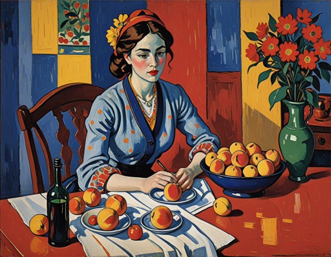 Girl with Peaches in Fauvist Style