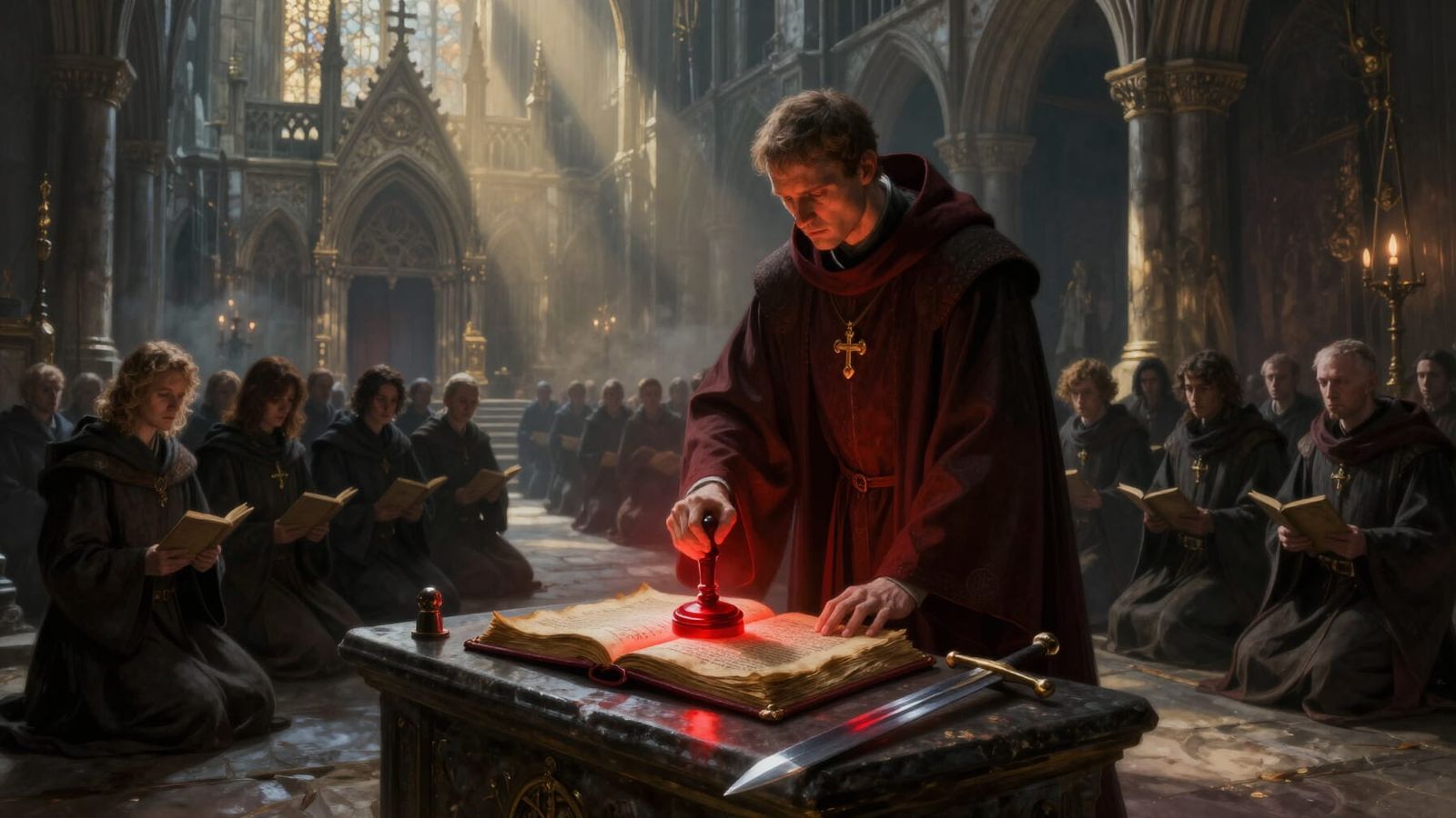 Dystopian Cleric Seals Pact in Stone Chamber