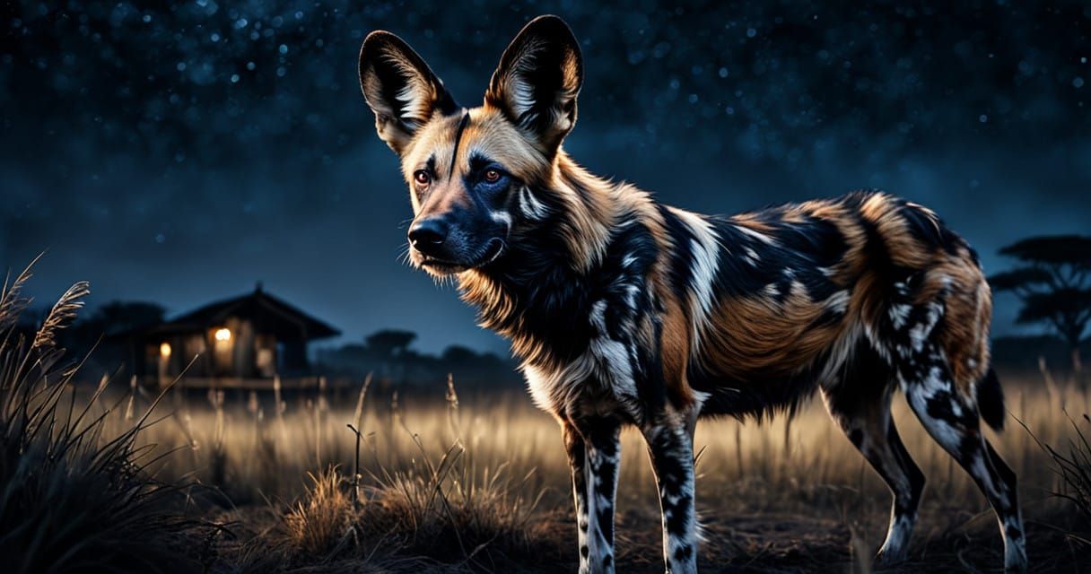 African Wild Dog in Mesmerizing Moonlit Plains