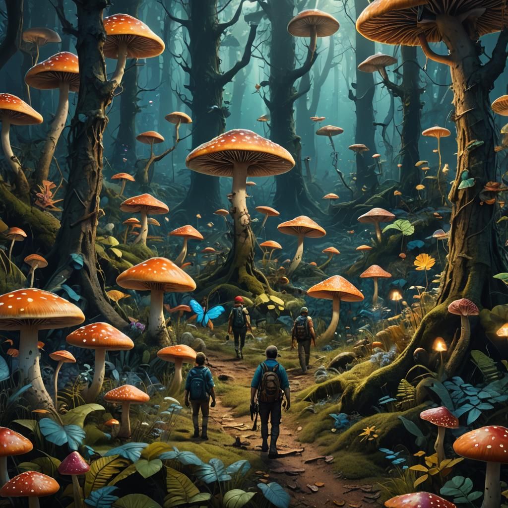 Magic Mushroom Forest with Hunters: Fantasy Concept Art