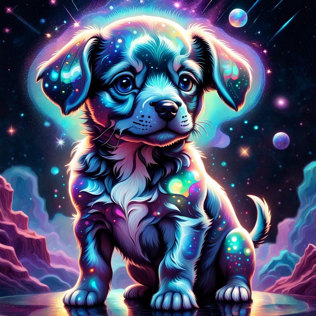 Holographic Cosmic Puppy Illustration in Mixed Media