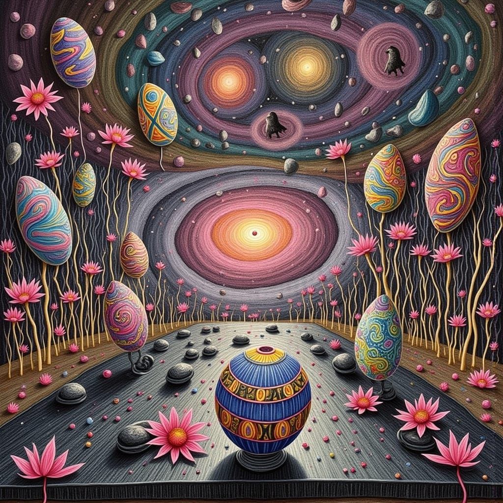 Whimsical Eggs on Marble Chessboard in Dreamlike Cosmic Real...