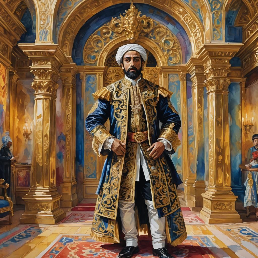 Baroque Portrait of Khalifa in Opulent Throne Room