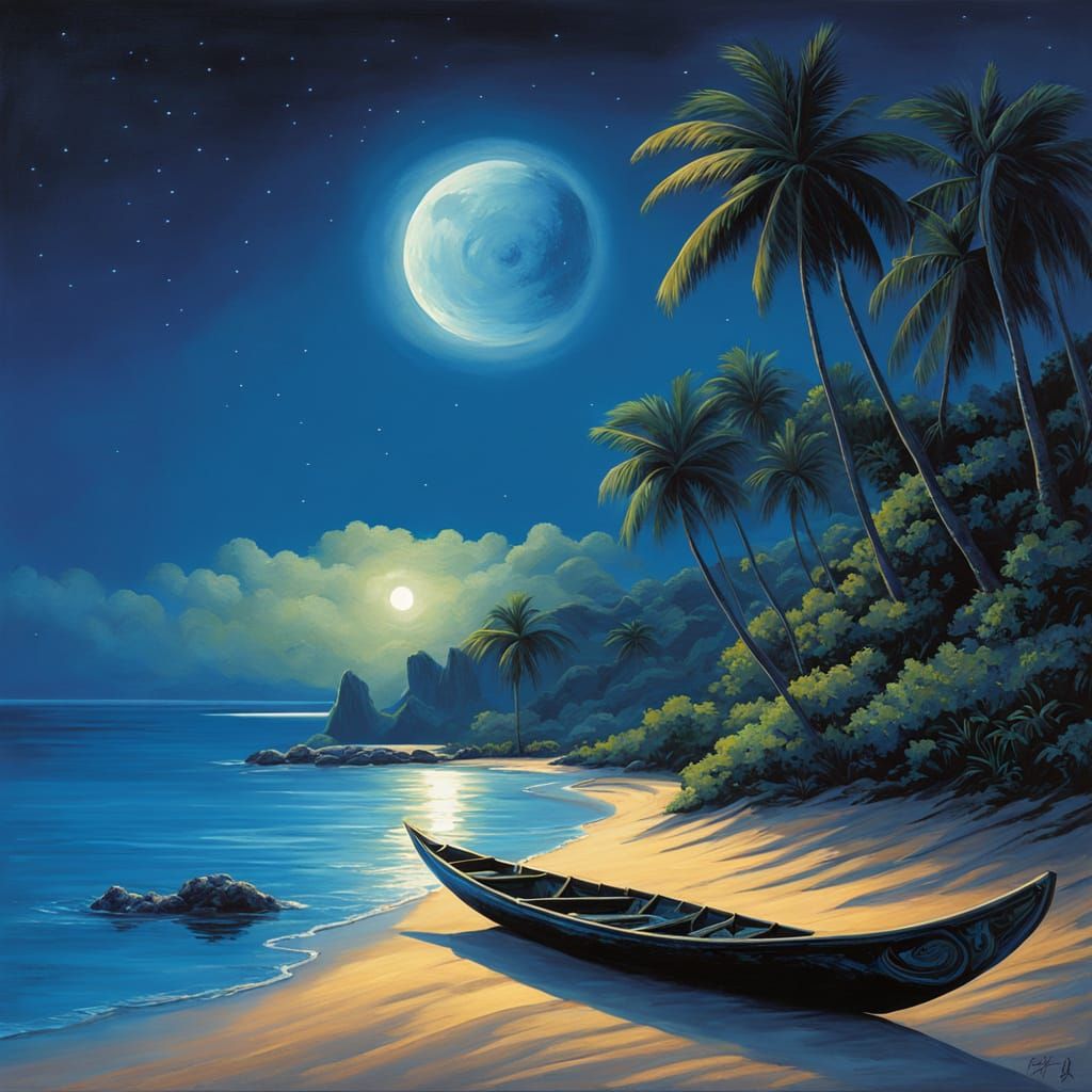 Moonlit Beachscape with Outrigger Canoe in Acrylic