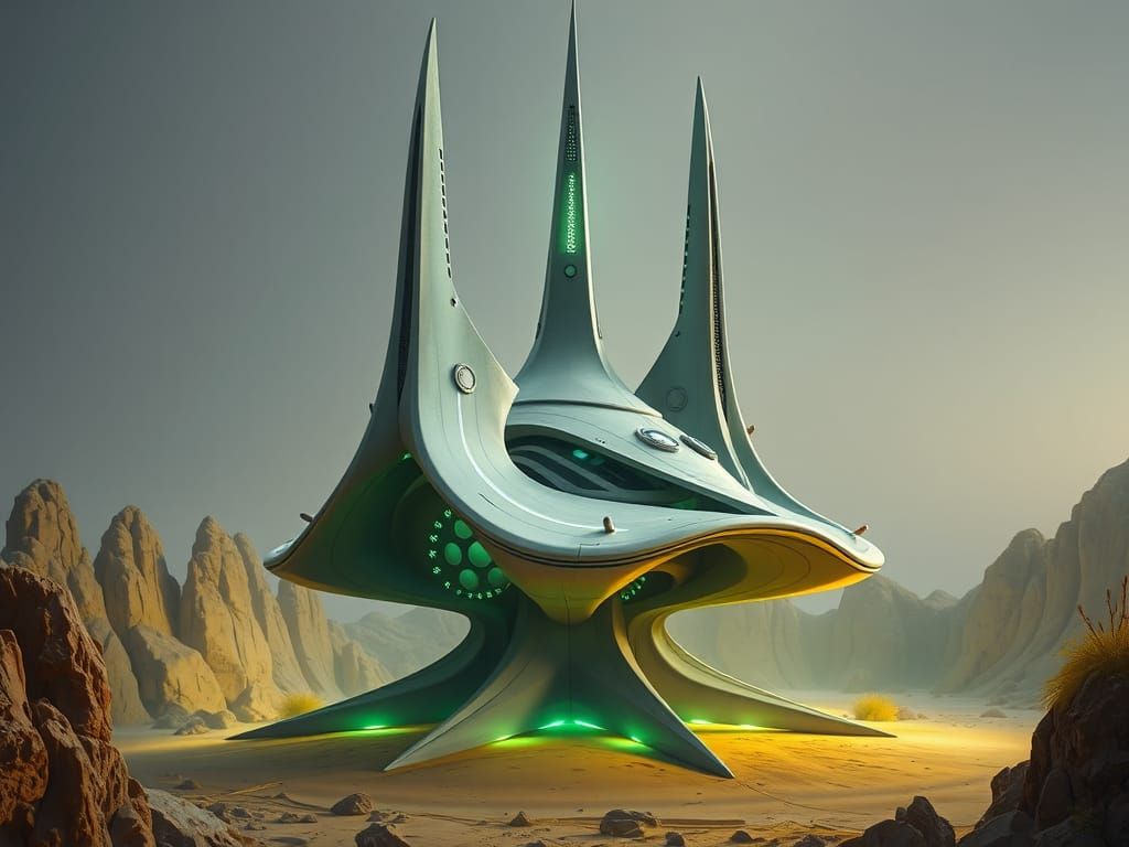 Surreal Space Station Rises Above Yellowish Rocky Terrain in...