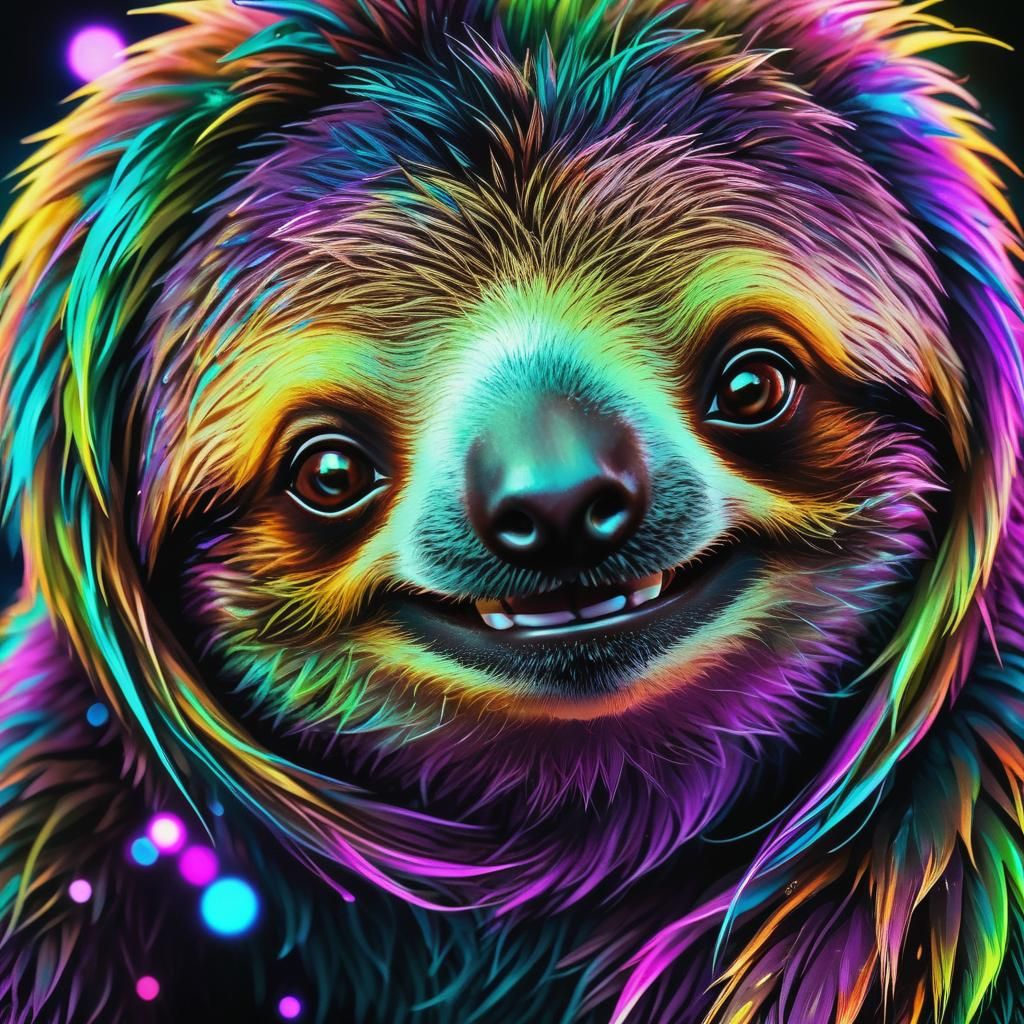 Cute Neon Sloth with Bokeh Background