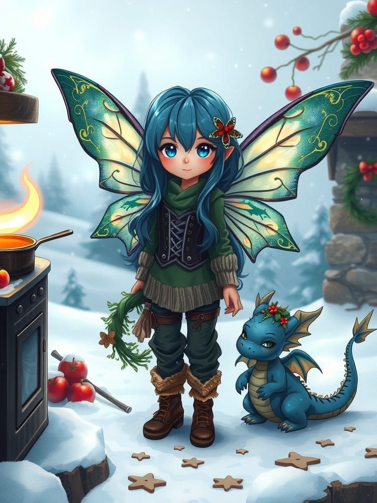 Gothic Fairy Witch and Dragon in Snowy Wonderland