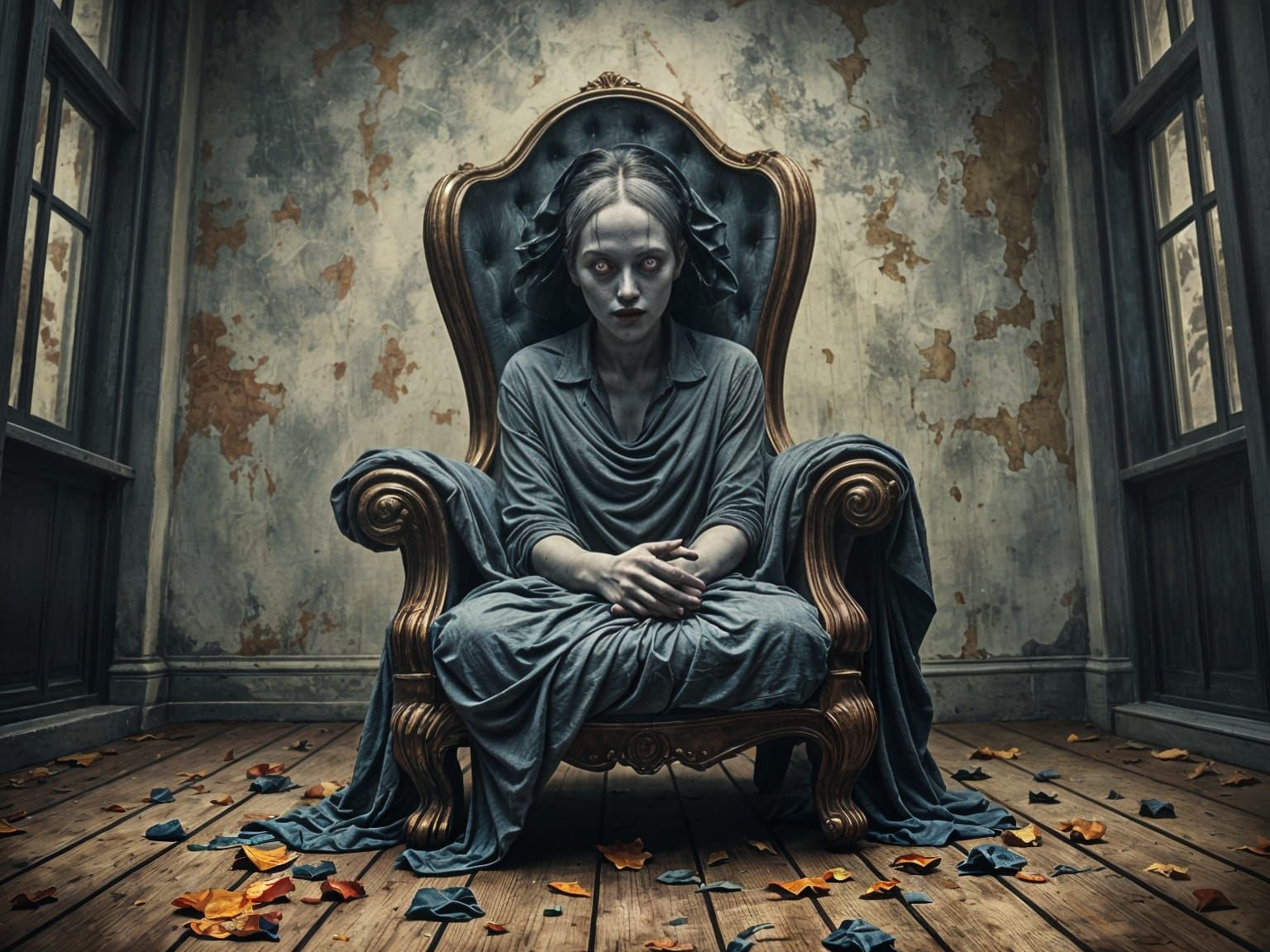 Haunted Chair Painting with Ghostly Visage and Demonic Eyes