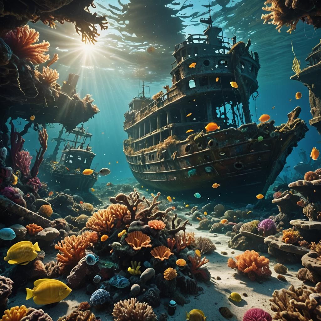 Bioluminescent Sea Creatures in Sunlit Shipwreck