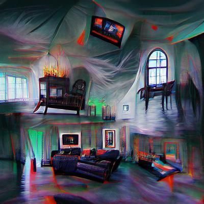 Eerie Interior View of Haunted House Living Room