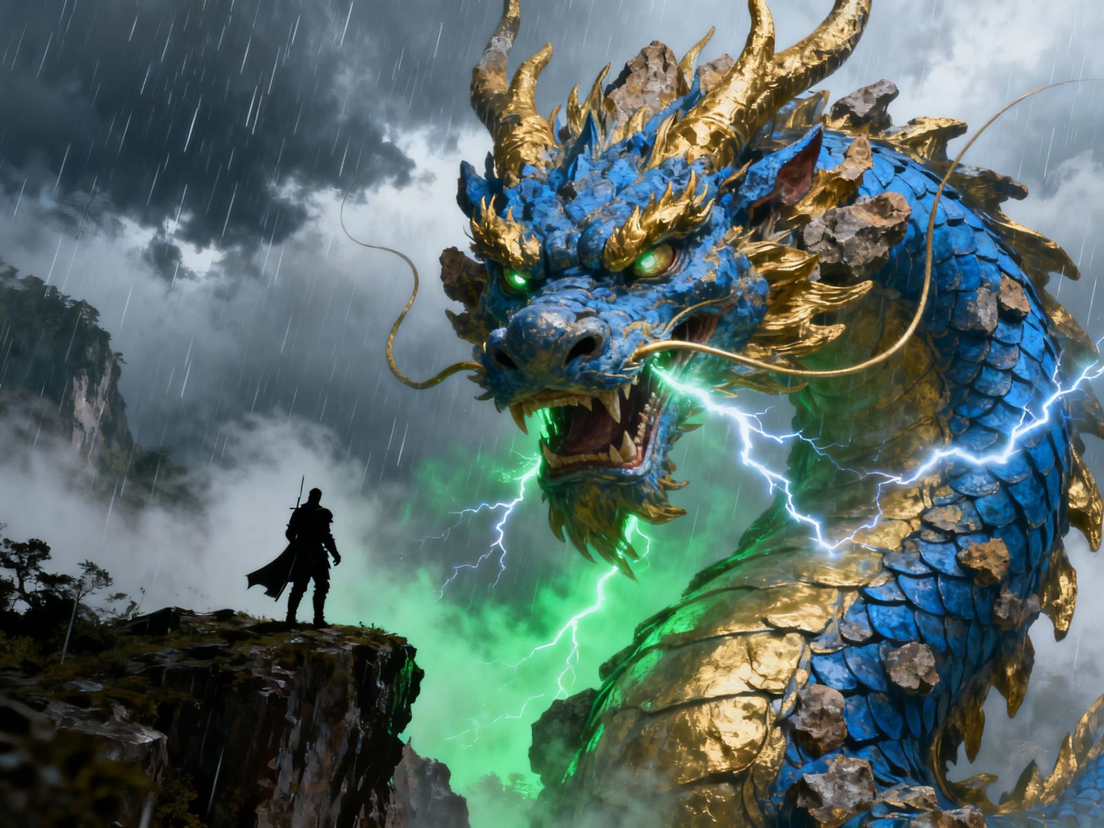 Angry Blue and Gold Dragon Overlooks Knight in Stormy Skies