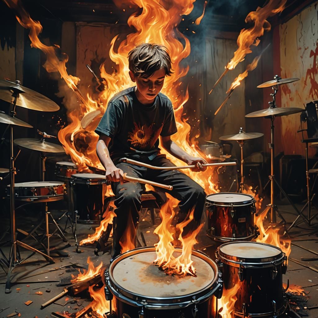 Fiery Drummer in Abandoned Theater, Expressionist Style