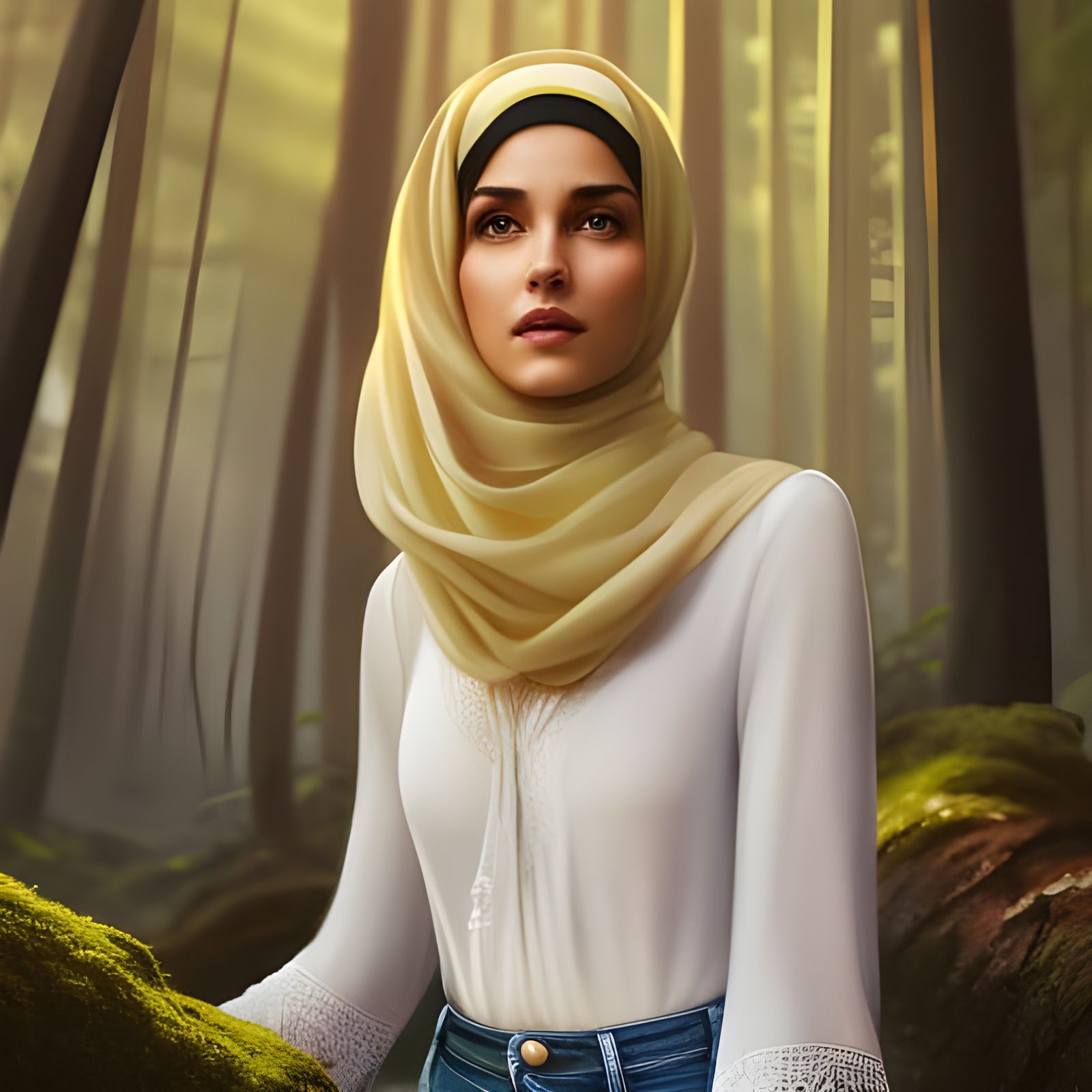 Girl in Hijab in Forest, Detailed Digital Portrait