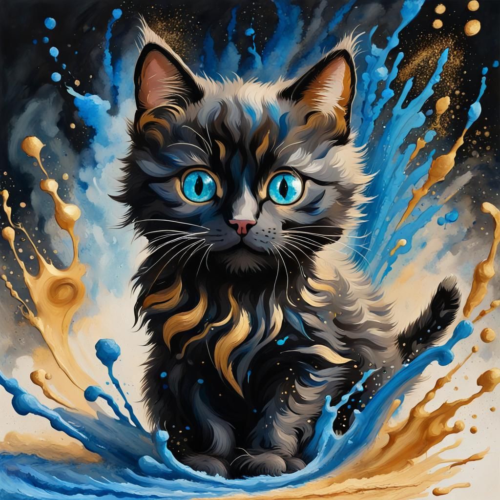 Golden Cat with Blue Eyes as Gouache Painting