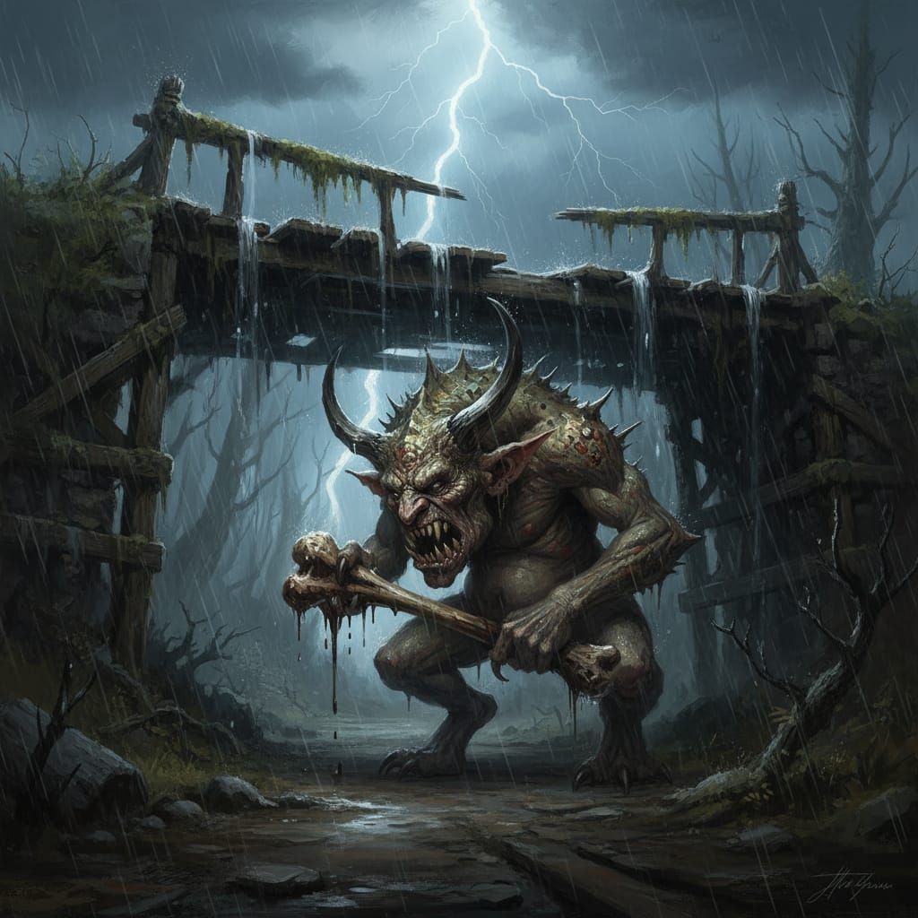 Grotesque Troll Gnawing Bone Under Bridge in Storm