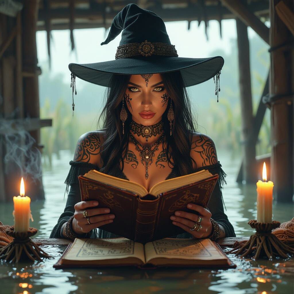 Occult Woman Studies Grimoire in Dark Fantasy CGI Render