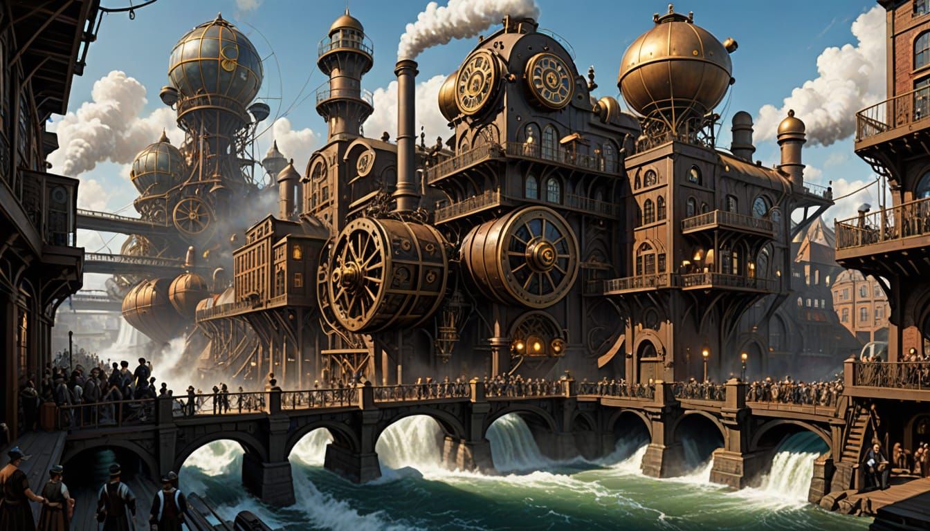 Steampunk Cityscape with Brass Waterwheels and Airships