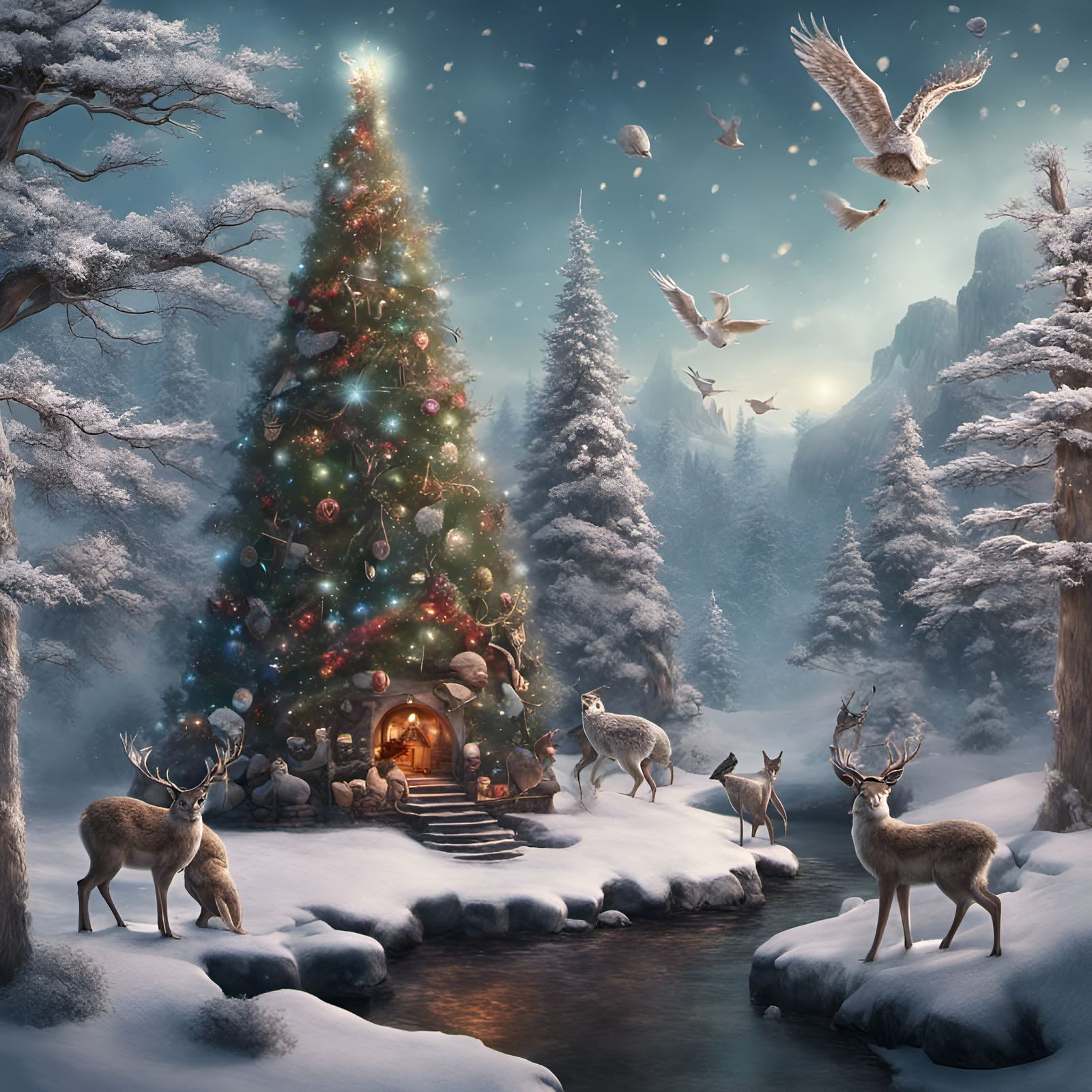 Fantasy Christmas Wildlife Scene in Detailed Matte Painting