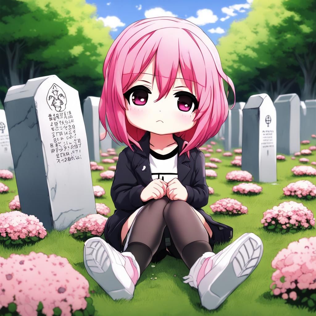 Chibi Pink-Haired Girl in Cemetery, Anime Style