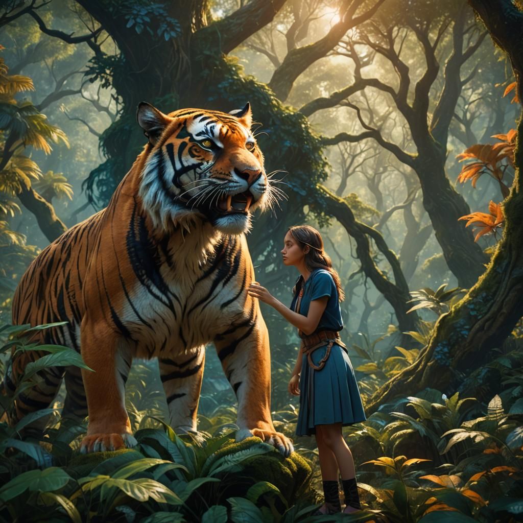 Tiger Devouring Girl in Mystical Forest: Fantasy Art