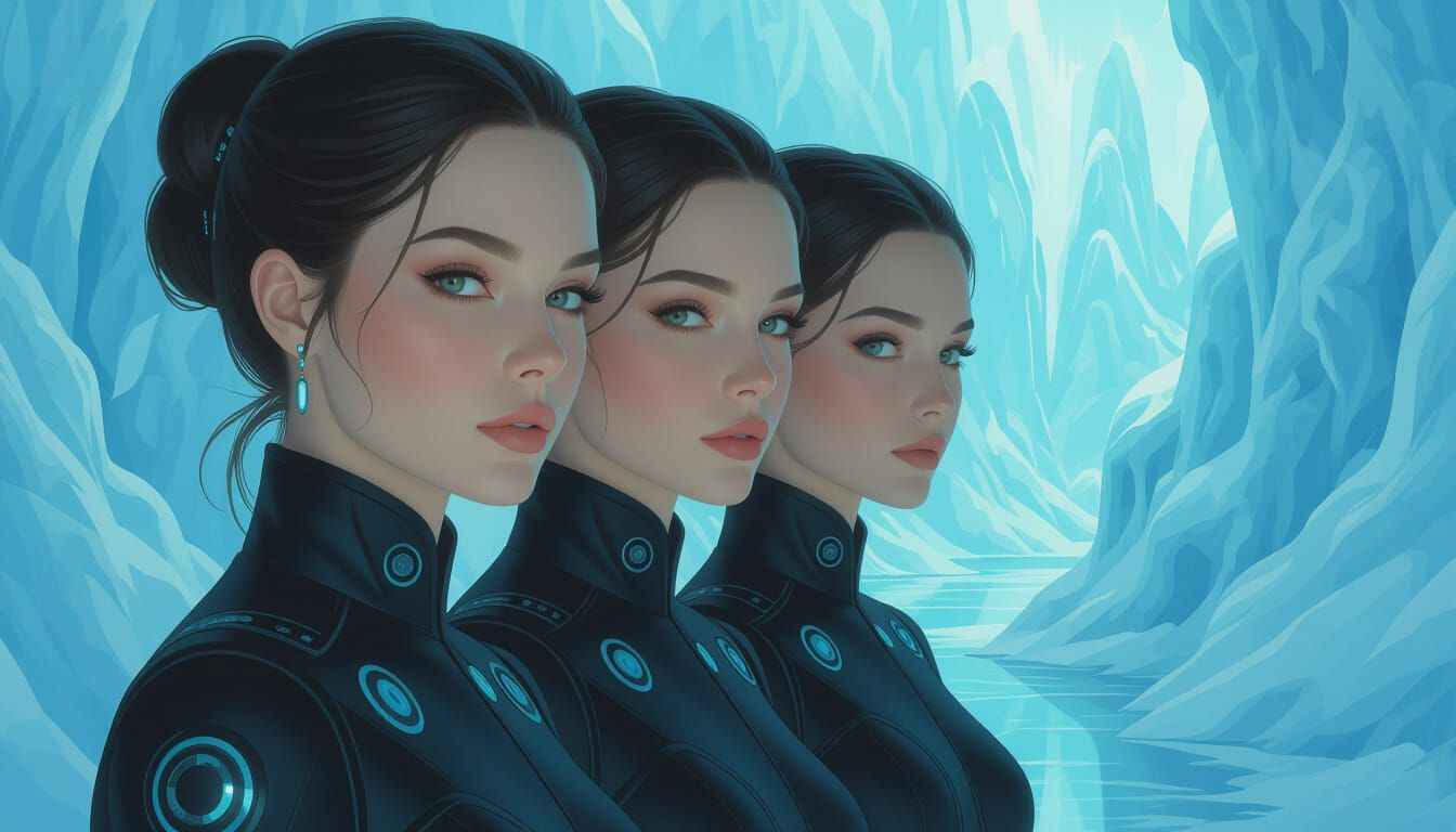 Serene Woman with Three Faces in Futuristic Attire