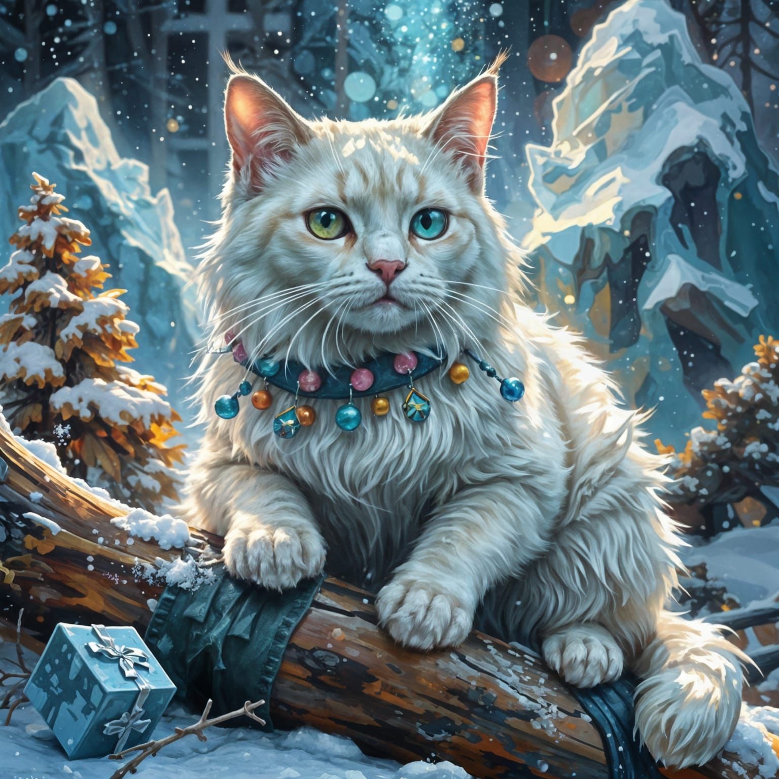 Cute Cat in Snowy Valley, Mixed Media Illustration