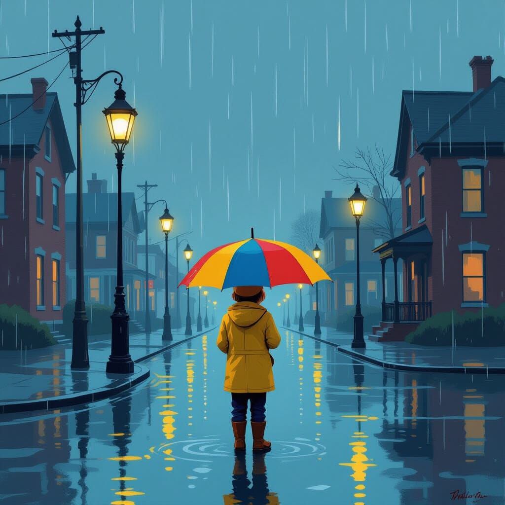 Boy with Umbrella in Rainy City, Hopper Style