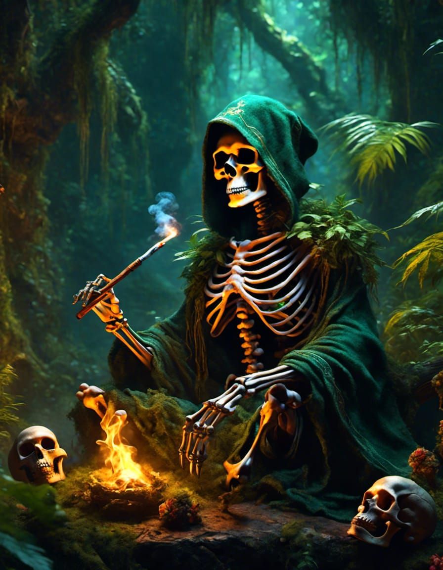Hooded Skeleton Smoking Joint in Fantasy Art Style