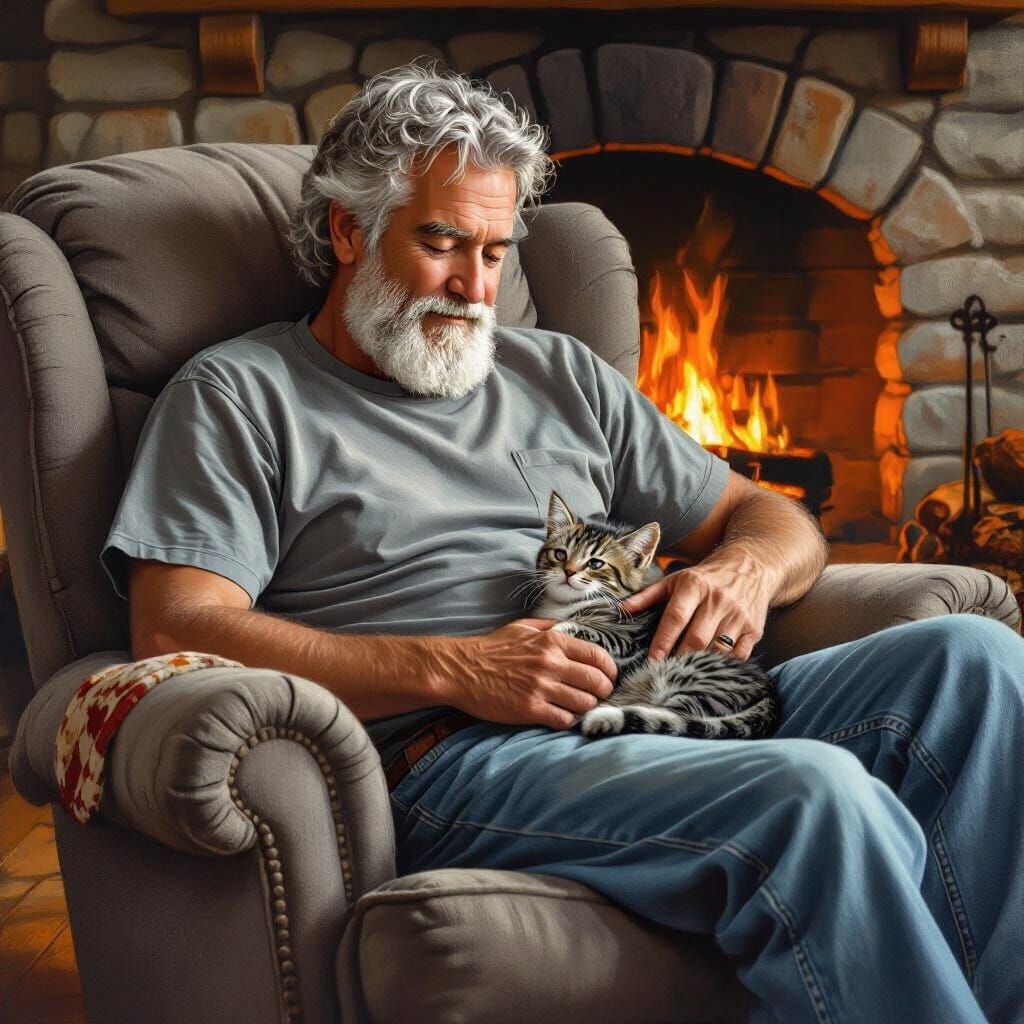 Cozy Portrait of Man and Kitten